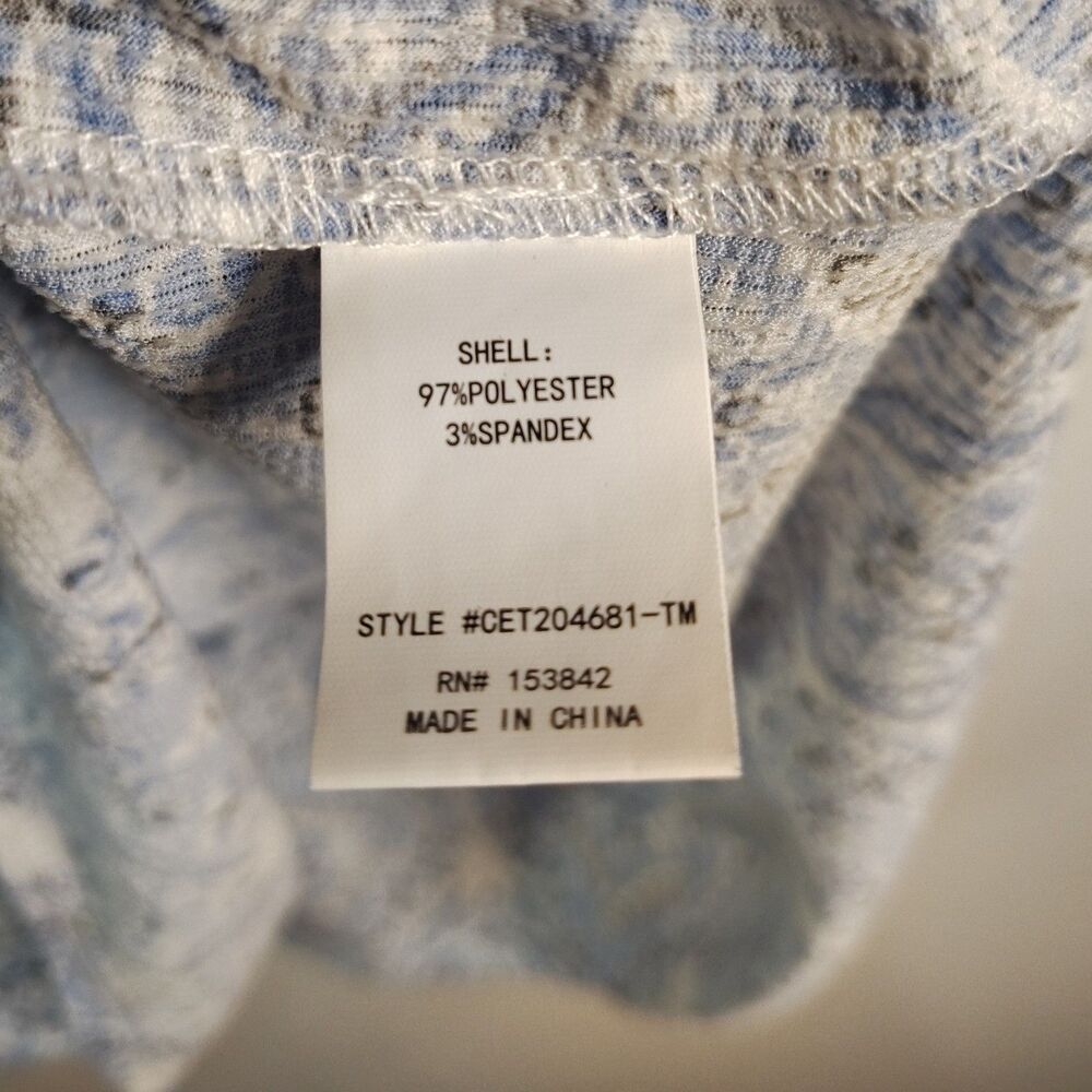Melloday Boho Smocked Blouse Blue White Tie Neck Stretch Top Women Large - Picture 6 of 6